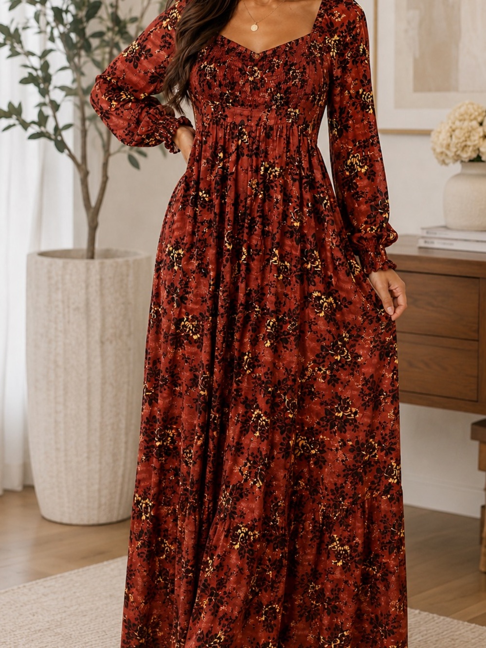 🌿 Free People Floral Smocked Maxi Dress – Size Large
